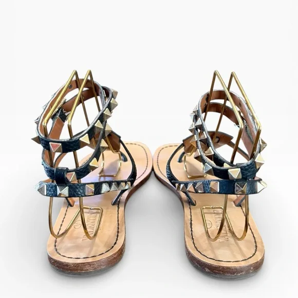 Valentino Rockstud Black Leather Thong Wrap Around Strap Flat Sandal 37.5 US 7.5